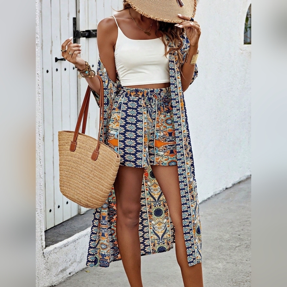 Women's Floral Print Open Front Jacket And Shorts Set - Picture 7 of 7